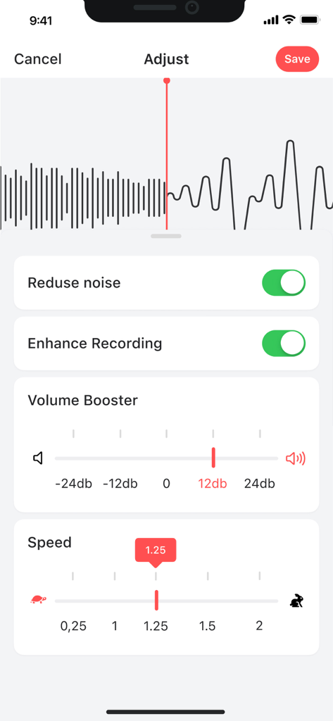 Interface for adjusting voice memos with noise reduction, volume boost, and playback speed options.