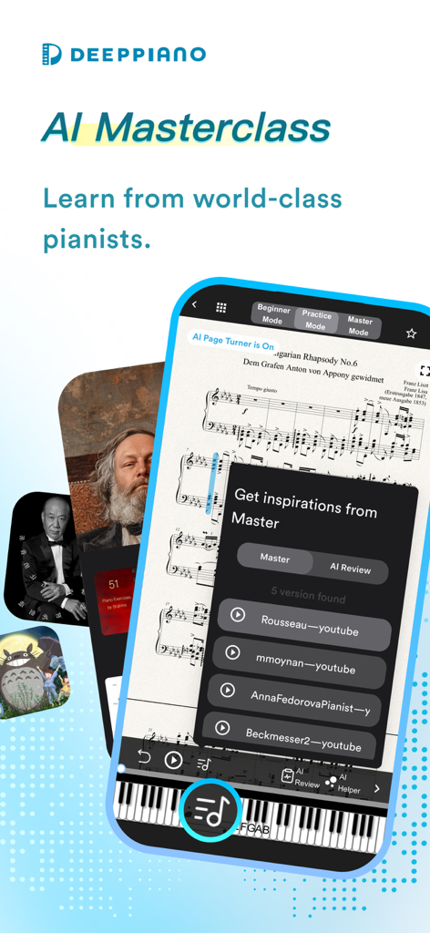 DeepPiano - Sheet Music & AI - DeepPianoアプリの画面。ピアノ楽譜とプロのマスターパフォーマンスへのリンクが表示されたAIマスタークラス機能を示す。