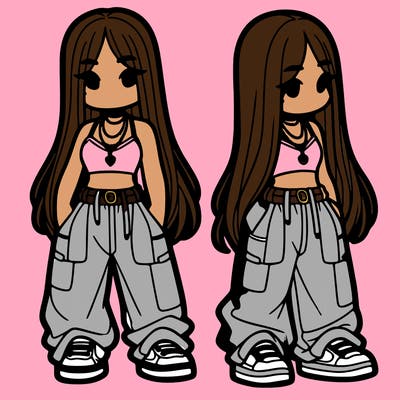 girl in baggy pants crop top and long hair