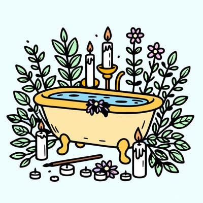 a clip art  bathtub with stem all around it and candles with plants and flowers