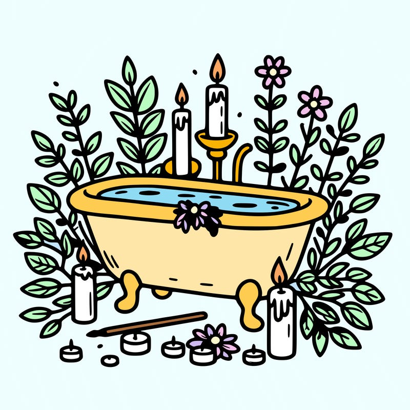 a clip art  bathtub with stem all around it and candles with plants and flowers