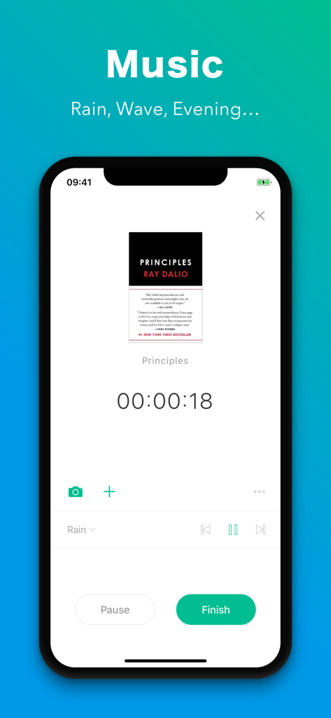 Shelfie app screen showing a reading session timer for the book Principles with ambient background music options like rain and waves