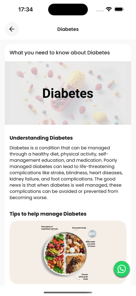 Kasha Care - Kasha Care 앱의 스크린샷으로, 당뇨병 이해 및 관리에 대한 교육 콘텐츠를 표시합니다.