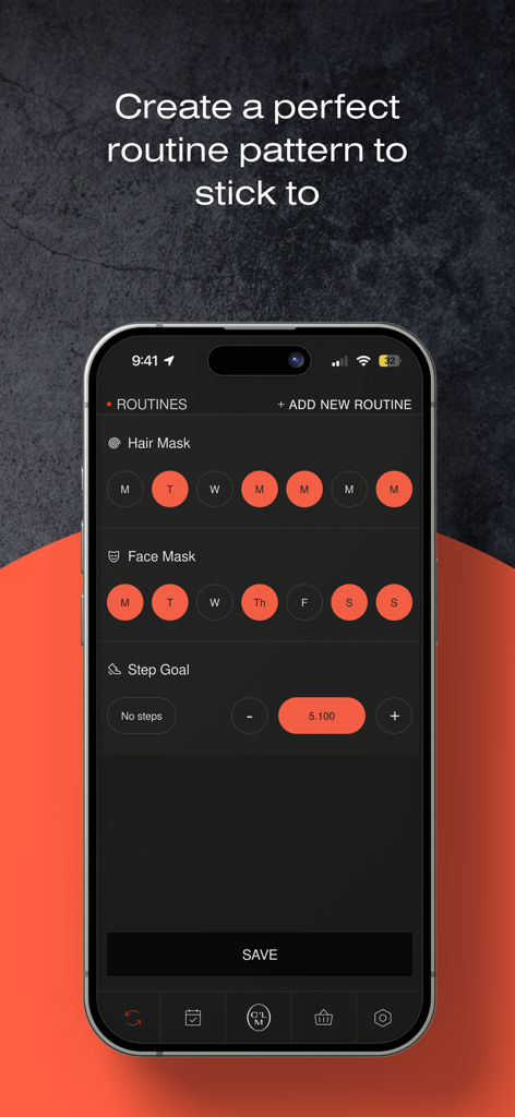 CLM Discipline guide - Pantalla de la aplicación móvil Guía de Disciplina CLM para configurar horarios de rutinas de belleza y salud