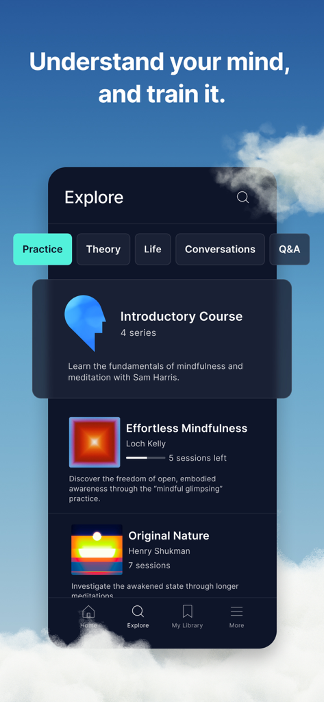 L'écran Explorer de l'application de méditation Waking Up montrant l'onglet Pratique et le cours d'introduction