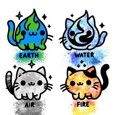 4 cats that represent the different elements, earth, water, air, and fire