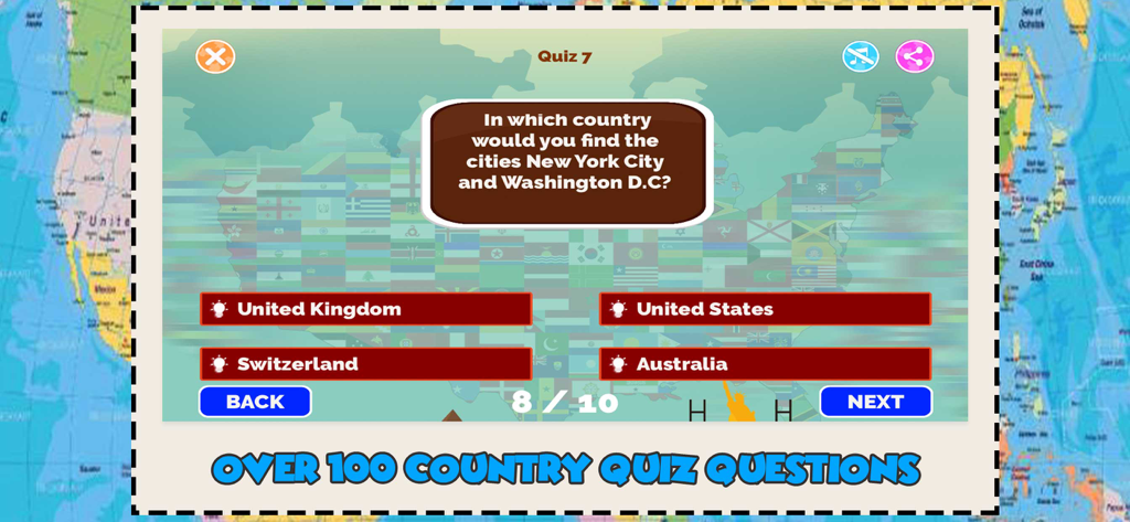 World Map Quiz Geography Games - A geography quiz question asking to identify the country where New York City and Washington D.C. are located.