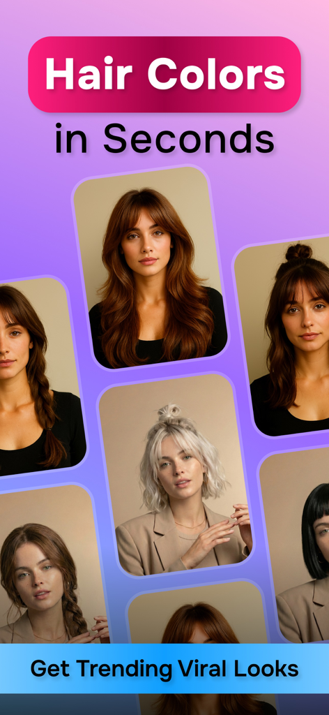 A collection of women displaying various AI generated hair colors and trending hairstyles using the HairFlip app