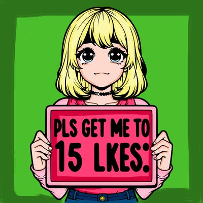 realistic girl holding up a sign that says “pls get me to 15 likes!”