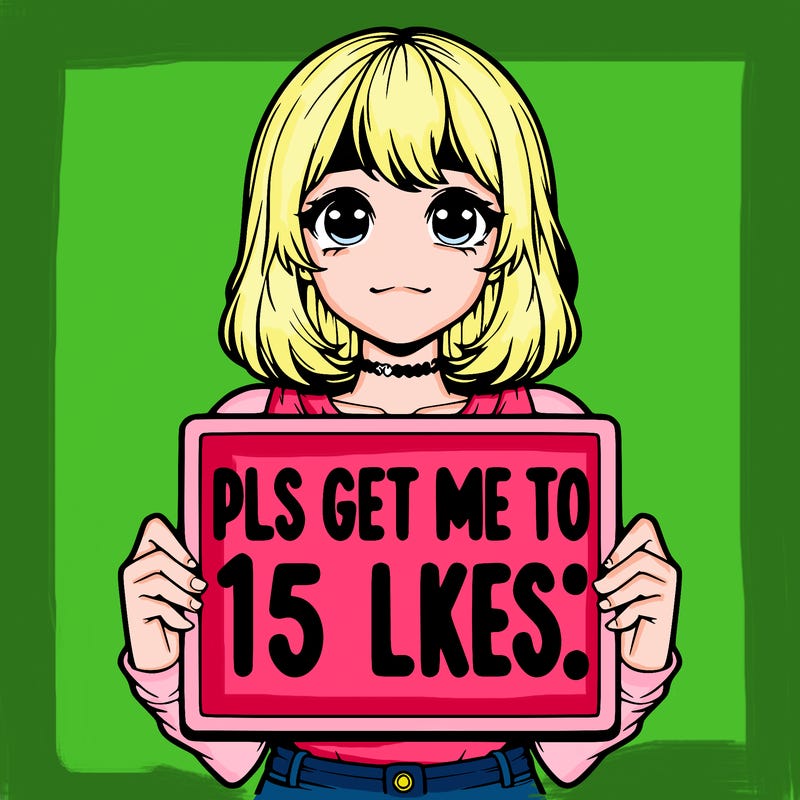 realistic girl holding up a sign that says “pls get me to 15 likes!”