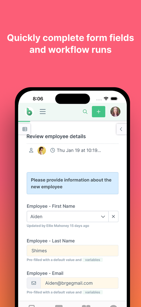 Process Street - Uma interface móvel da aplicação Process Street a exibir um formulário de fluxo de trabalho para revisão de detalhes do funcionário.