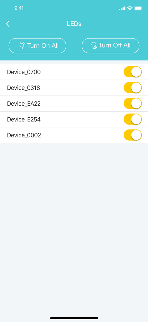tpPLC - LED management screen in the tpPLC app with options to toggle lights on or off for multiple powerline devices