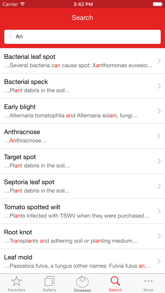 Tomato MD - Tomato MD app search screen showing a list of tomato diseases including bacterial leaf spot and early blight
