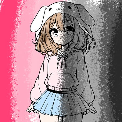pretty anime girl wearing a fluffy hoodie with bunny ears on the hood and a skirt