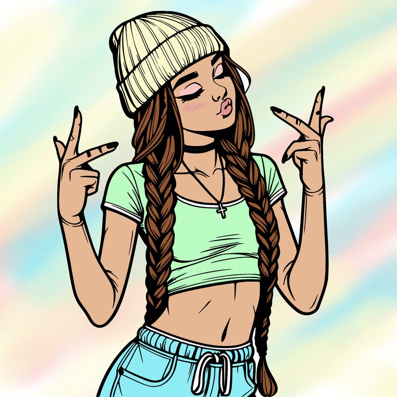 realistic teenage girl with braids and a beanie and crop top doing 🫶🏼