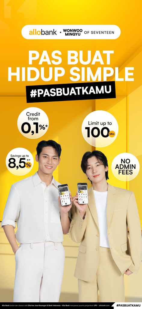 Wonwoo y Mingyu de Seventeen promocionando las funciones de banca digital de Allo Bank como altos ahorros y límites de crédito