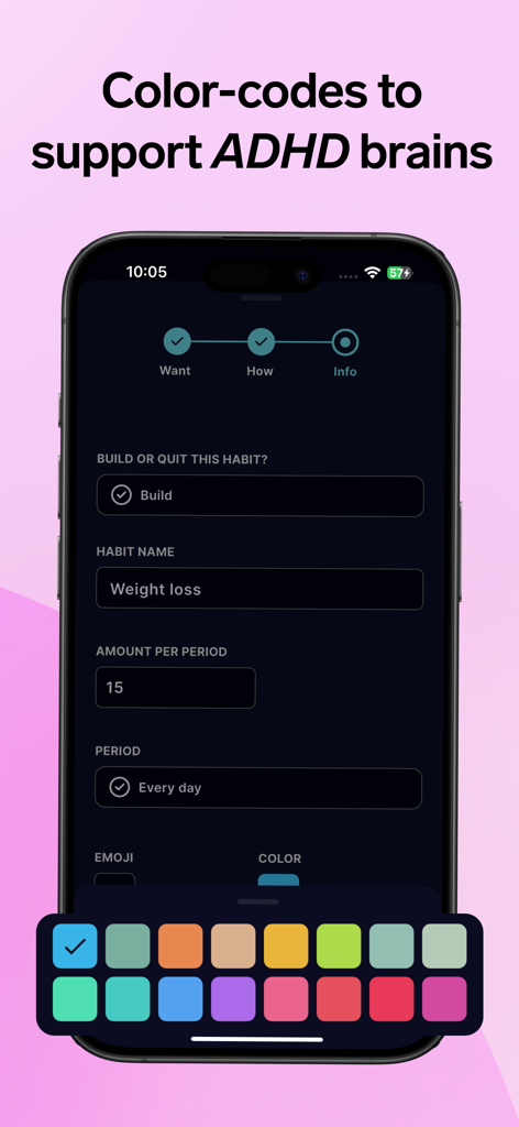 Focus ADHD app habit creation screen with color-coding palette for easy organization.