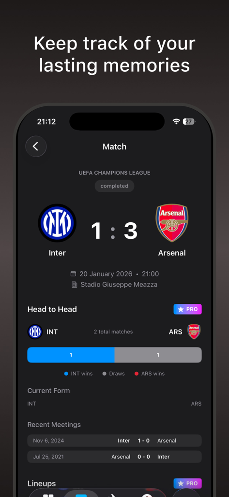 Ground Hopper Stadium Passport - A match detail screen in the Ground Hopper app showing a 1 to 3 score between Inter and Arsenal with historical head-to-head statistics
