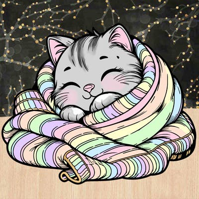 realistic cozy cat in a blanket