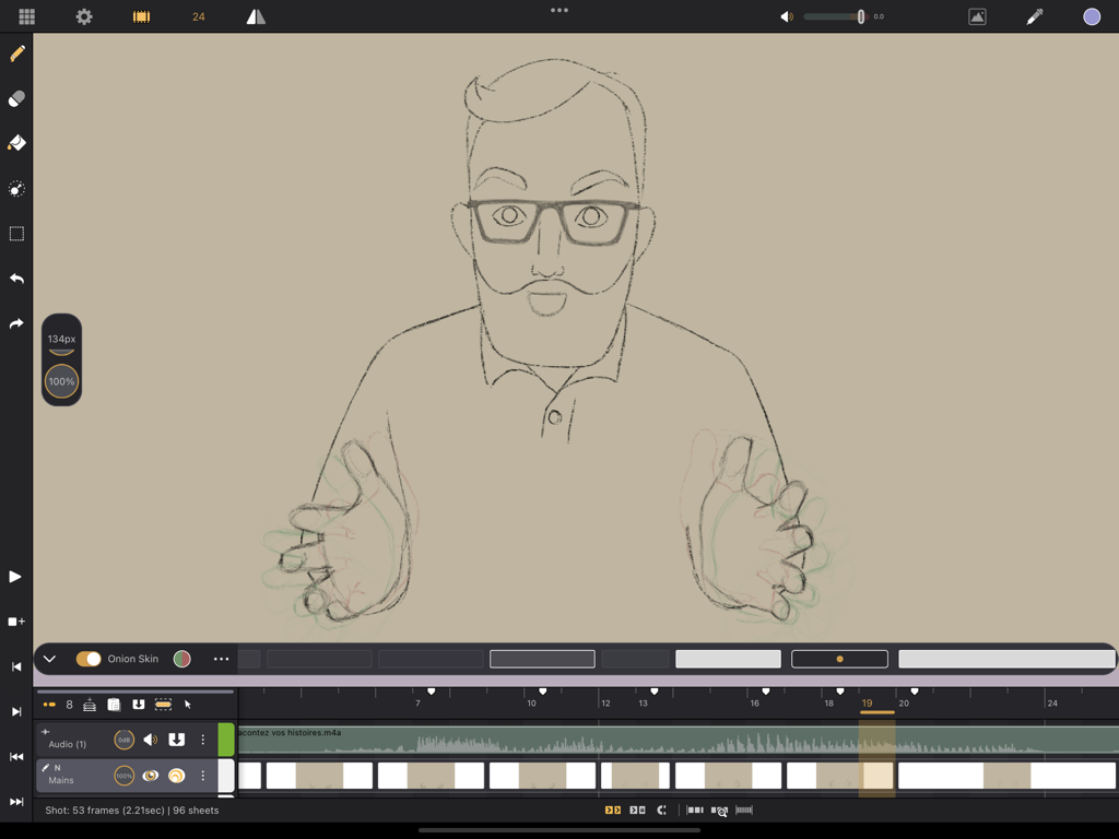 Espacio de trabajo de animación 2D Callipeg con dibujo de personaje y línea de tiempo