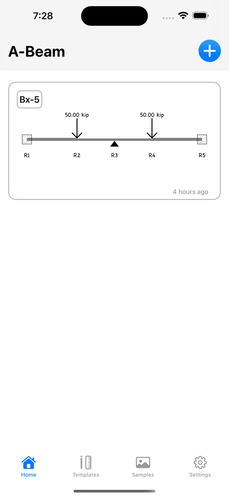 A-Beam* - Home screen of the A-Beam app featuring a structural beam diagram with point loads and support reactions