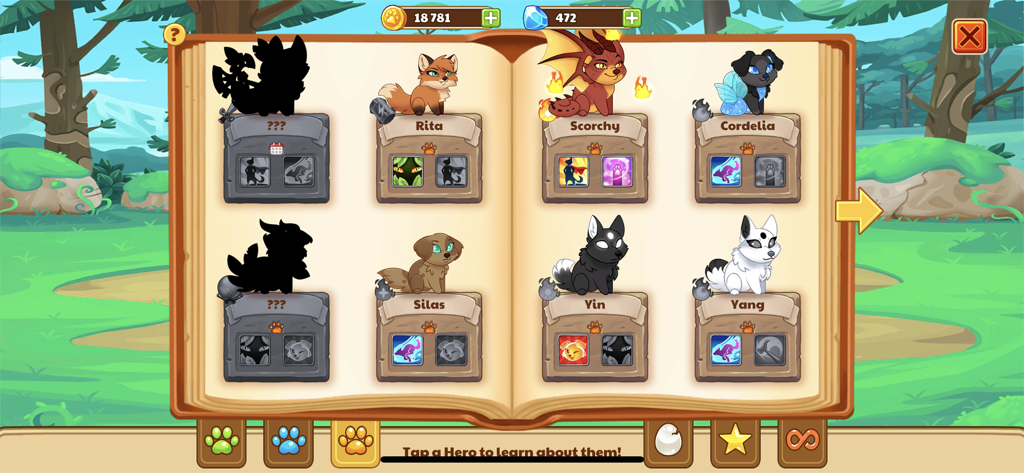 Dungeon Dogs - Idle Hero RPG - A character collection book in Dungeon Dogs showing unlocked and locked dog heroes with their stats and names