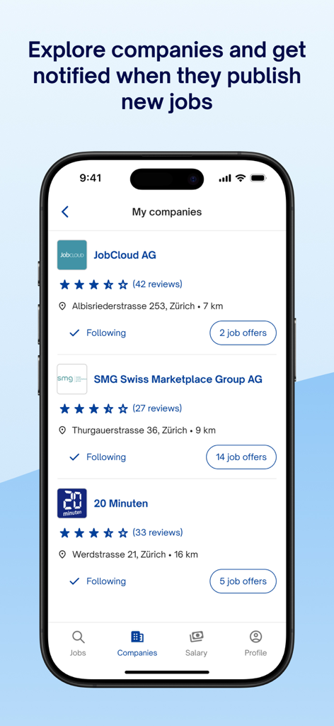 Screenshot of the jobs.ch app displaying a list of followed companies in Switzerland with reviews and job alerts.