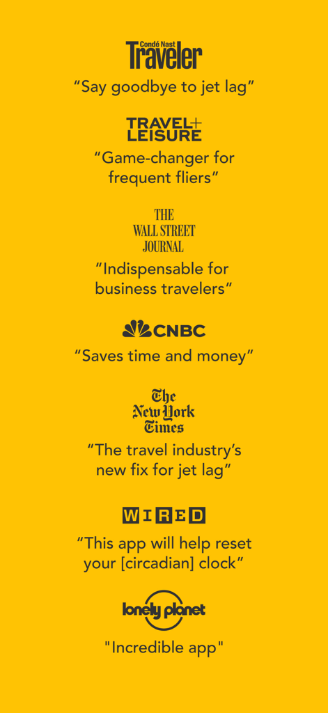 Media endorsements and positive quotes for the Timeshifter app from major outlets like The Wall Street Journal, CNBC, and The New York Times.