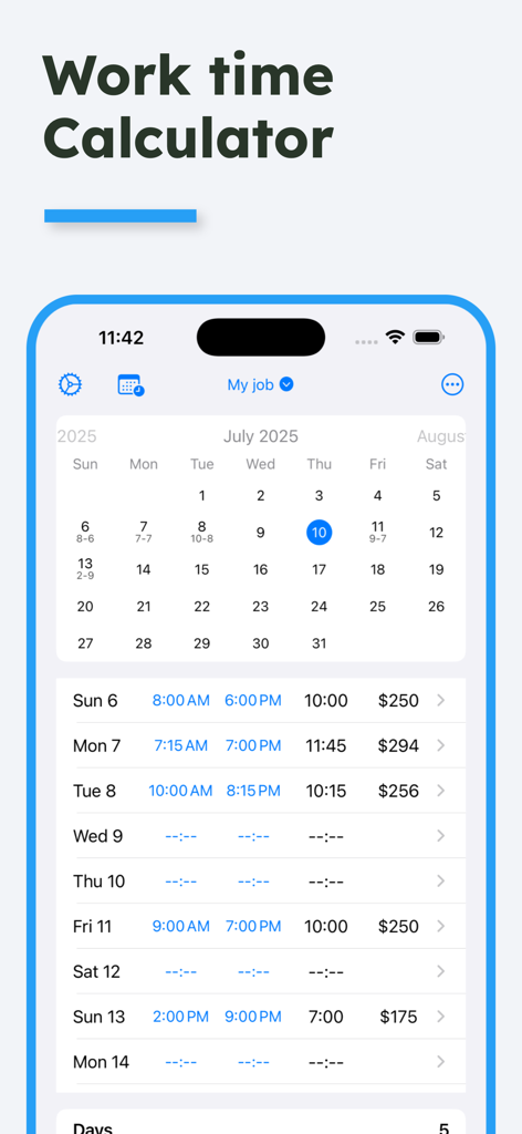Work Hours Calculator app displaying a monthly calendar and shift earnings log
