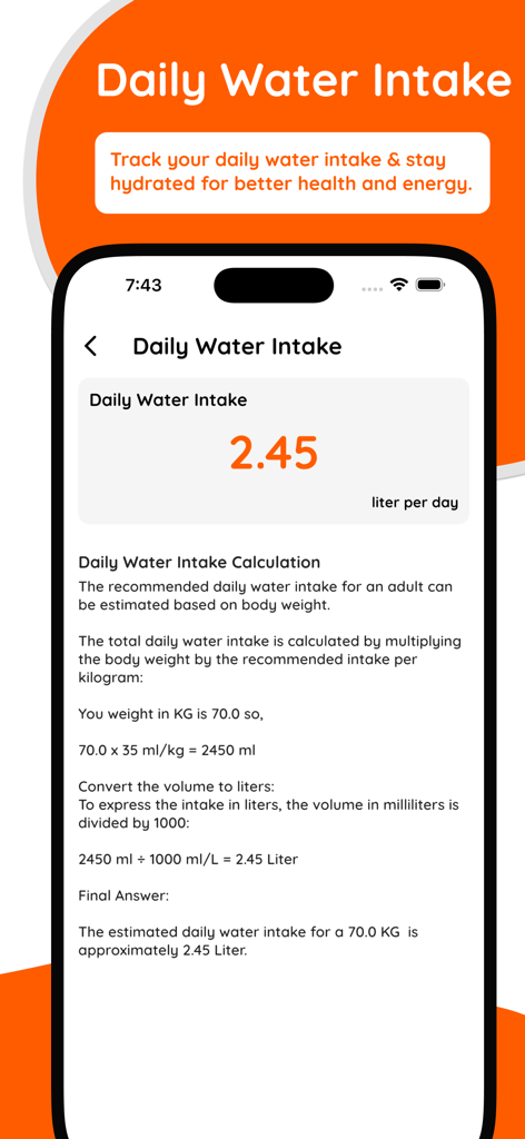 TDEE Calculator Calorie Count - Écran du calculateur de consommation d'eau quotidienne sur l'application Calculateur TDEE montrant le calcul en litres par jour