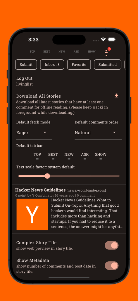 Hacki for Hacker News - The settings interface of the Hacki app showing account options and offline reading settings.