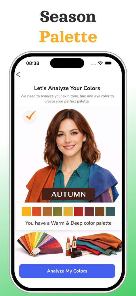 Color Analysis AI & Palette - AI color analysis app showing a personalized autumn seasonal color palette result