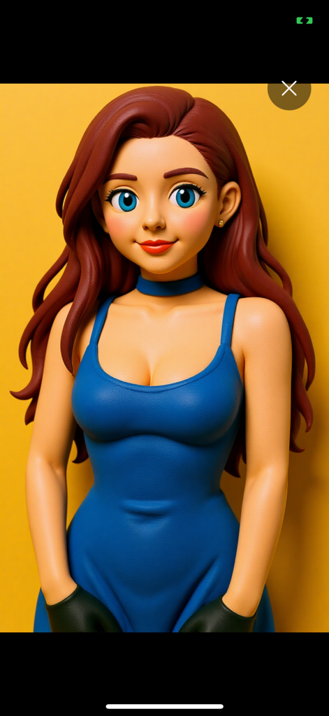 赤い髪と青い目をした、青いドレスを着たAI生成の3Dカートゥーンスタイルの女性キャラクター。