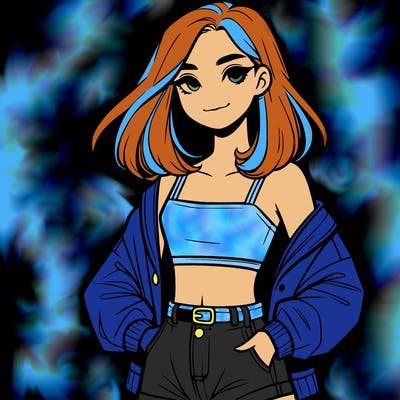 a realistic girl with a crop top and short shorts in an open jacket