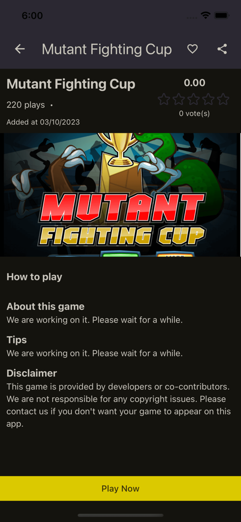 Una vista dettagliata del gioco Mutant Fighting Cup all'interno dell'app Flash Game per Mobile con un pulsante di riproduzione.