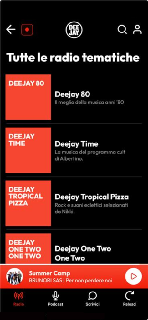 Radio Deejay - Interface of the Radio Deejay app displaying various thematic radio stations such as Deejay 80 and Deejay Time.