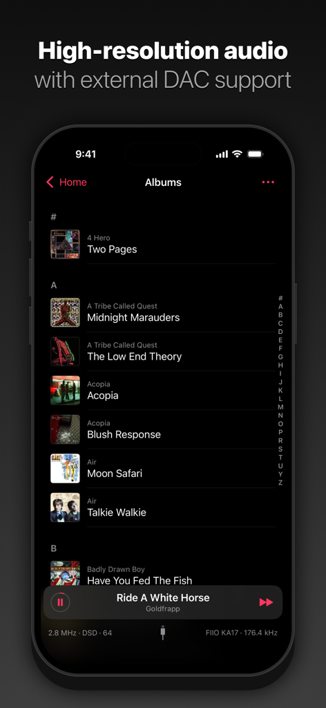 Pentaton: HiFi Offline Music - Pentaton HiFi music player showing album list and high-resolution DAC playback information