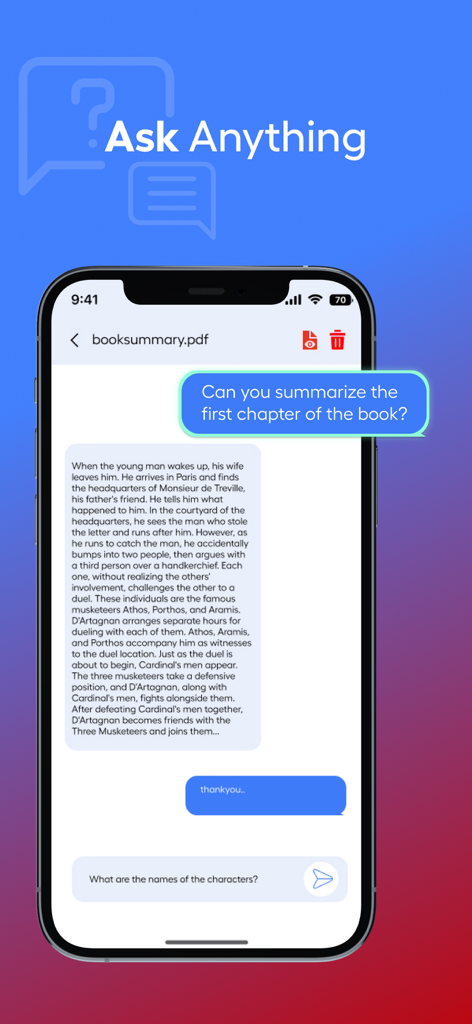 ChatPDF: PDF Ai & Pdf Summary - Tela do iPhone mostrando o aplicativo ChatPDF resumindo um capítulo de livro de um documento PDF.