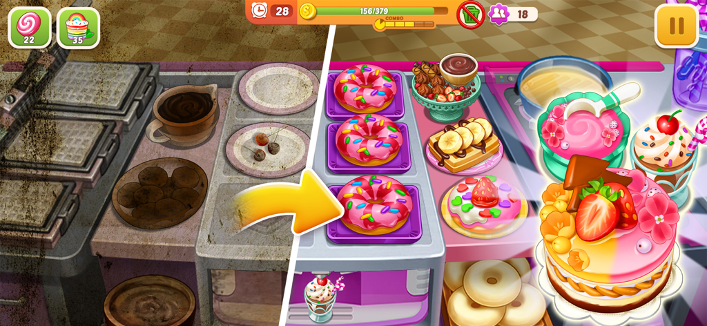 Crazy Kitchen: Cooking Games - A before and after comparison of a kitchen upgrade showing a dirty station transformed into a vibrant bakery with colorful donuts and cakes