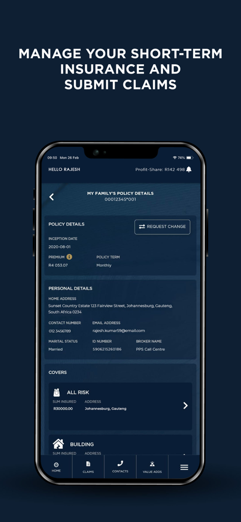 Interfaz de la App Móvil PPS que muestra los detalles de la póliza de seguro a corto plazo y las opciones de cobertura.