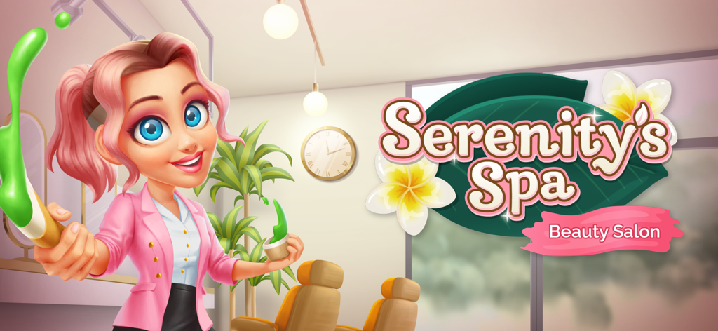 Serenity's Spa: Beauty Salon - Serenitys Spa Beauty Salon Spiel-Titelbildschirm mit einer Stylistenfigur in einem Spa-Interieur