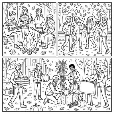 Embrace the spirit of autumn with this delightful coloring page, perfect for teens and youth groups. It features charming scenes of friends enjoying classic fall activities, from cozy campfires to pumpkin picking.