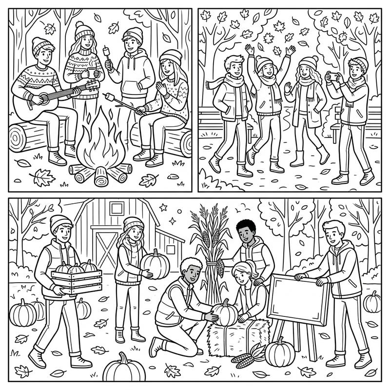 Embrace the spirit of autumn with this delightful coloring page, perfect for teens and youth groups. It features charming scenes of friends enjoying classic fall activities, from cozy campfires to pumpkin picking.