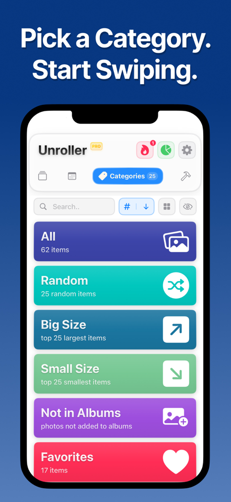 Swipe Photo Cleaner Organizer - App interface showing photo cleaning categories like Big Size and Random in Unroller