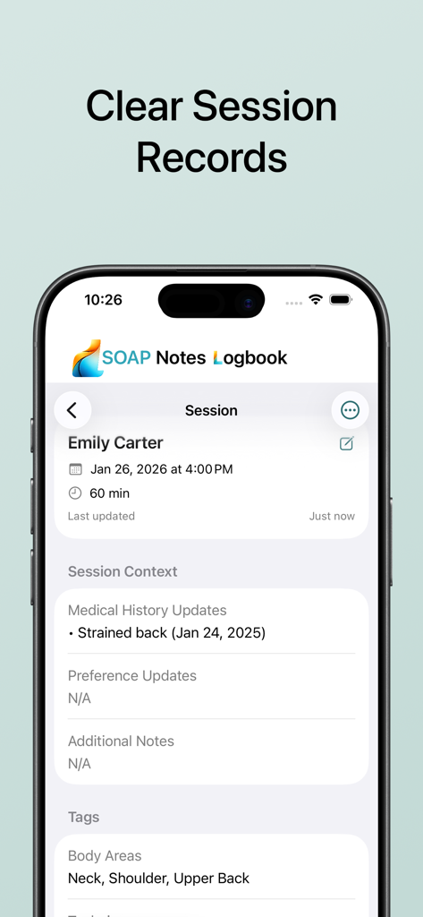 SOAP Notes Logbook - SOAP Notes Logbook app interface showing a clear session record for a massage therapy client with medical history and body area details