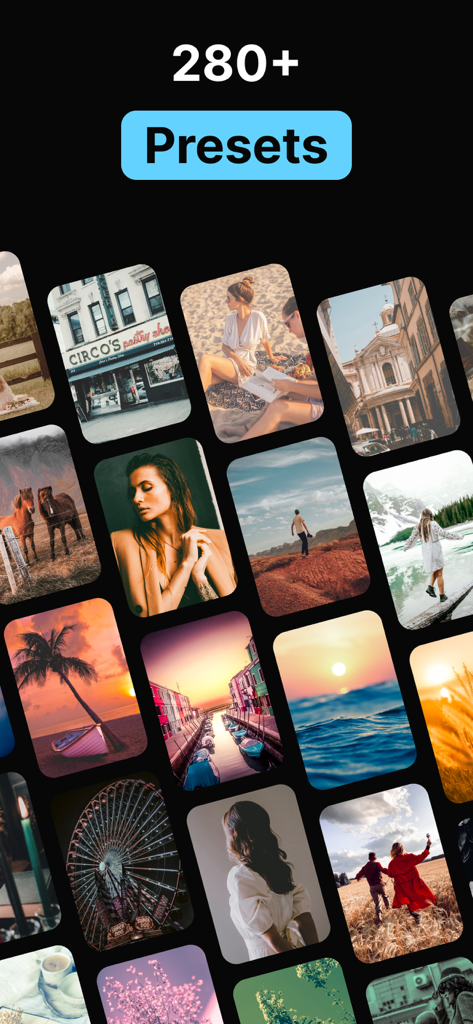 Presets for Lightroom Editor - ソーシャルメディアコンテンツ用の280以上の美的なプリセットを示す、多様な編集済み写真のコラージュ