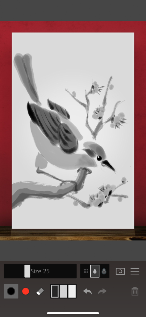 Interface de l'application Zen Brush 2 montrant une peinture au lavis de style japonais d'un oiseau sur une branche fleurie.