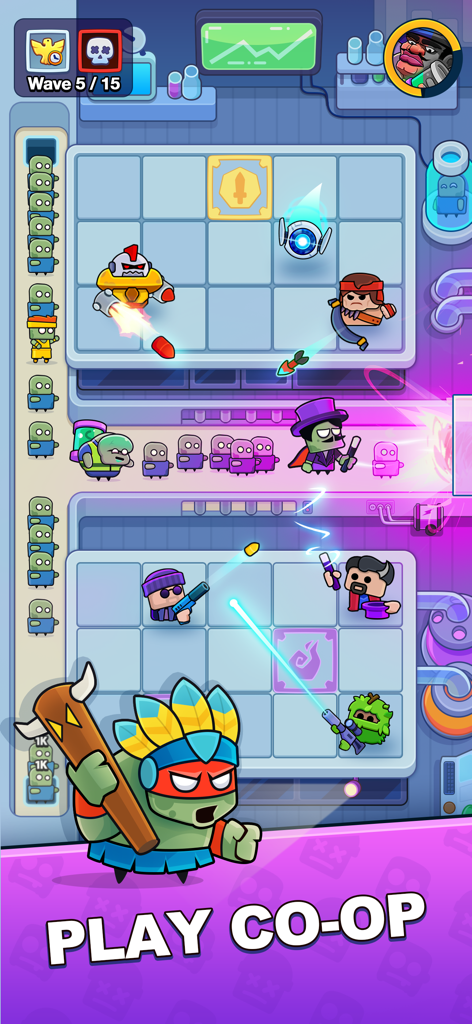 Survival Arena: Tower Defense - Gameplay multijugador cooperativo de Survival Arena Tower Defense mostrando a dos jugadores defendiendo contra oleadas de zombis con varios héroes