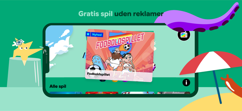 A screenshot of the DR Ramasjang LEG app featuring a cartoon soccer game with no ads.