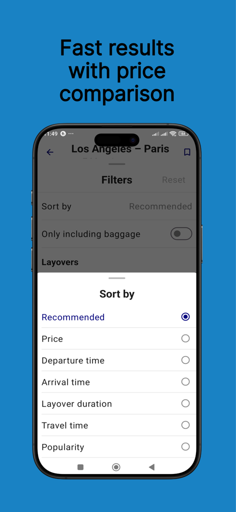 Flights & Cheap Tickets - A mobile app screen showing options to sort flight search results by price, departure time, and popularity for a trip from Los Angeles to Paris.